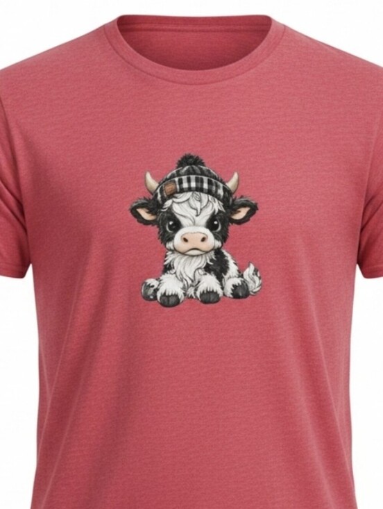 Handmade Tops - NEW! Cute Baby Highland Cow Wearing A Gingham Toboggan Casual Crew Neck T-Shirt